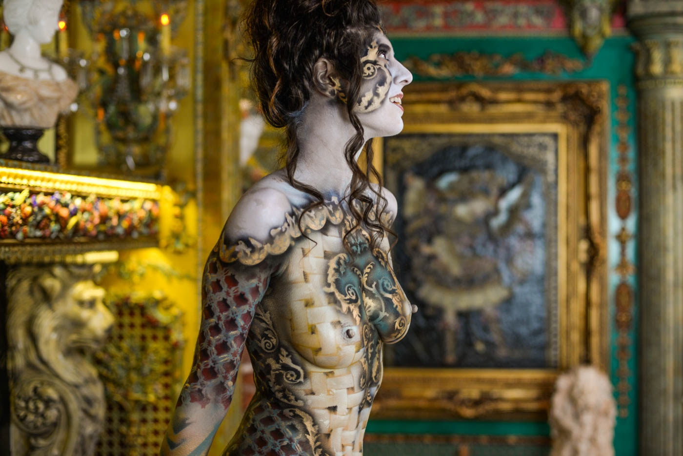 Roustan body painting on Shadia Elise at the home of Dominic LaFerla