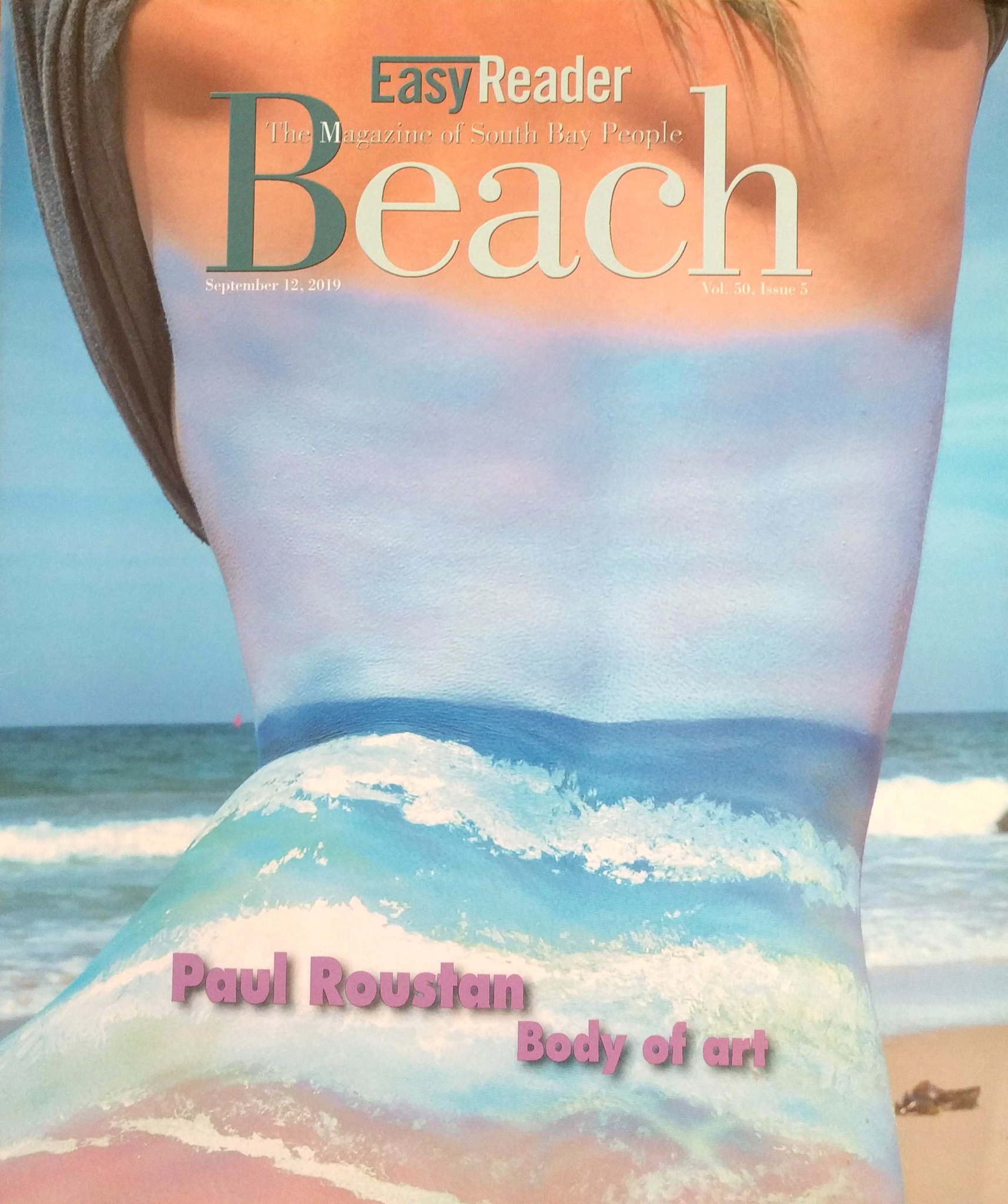 Cover of Easy Reader Beach Magazine featuring body paint contemporary artist Paul Roustan